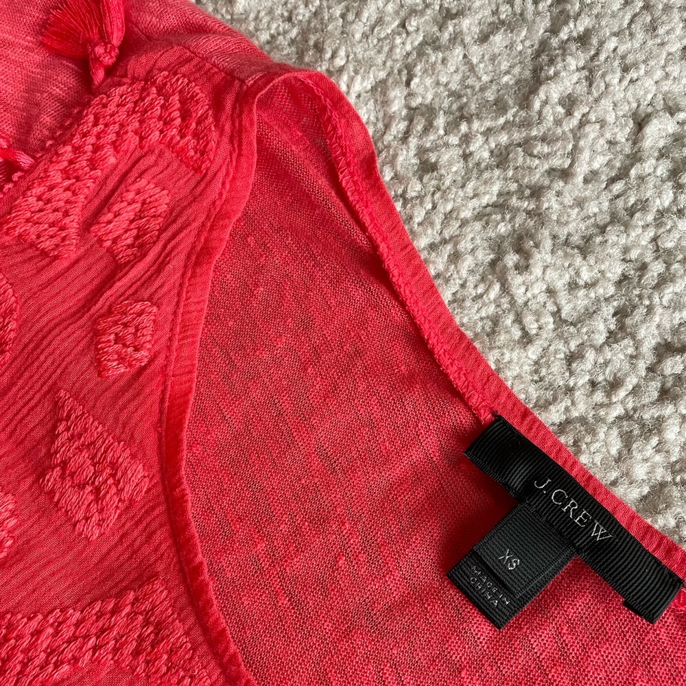 J. Crew Linen Coral Tassels Embroidered Boho Short Sleeve Top Size Oversized XS - Picture 5 of 10